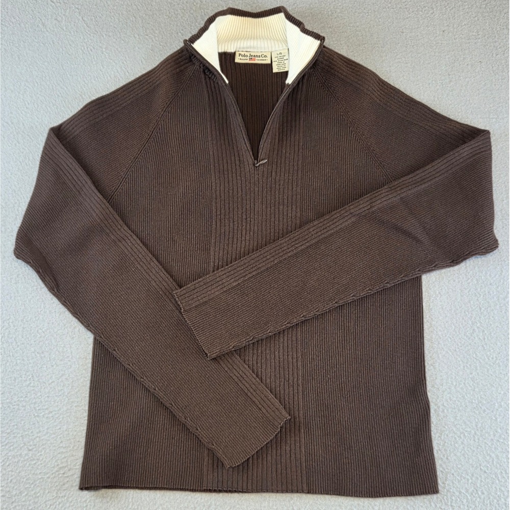 Polo Jeans Co Ralph Lauren Quarter Zip Sweater Brown Ribbed Flag Logo Womens L